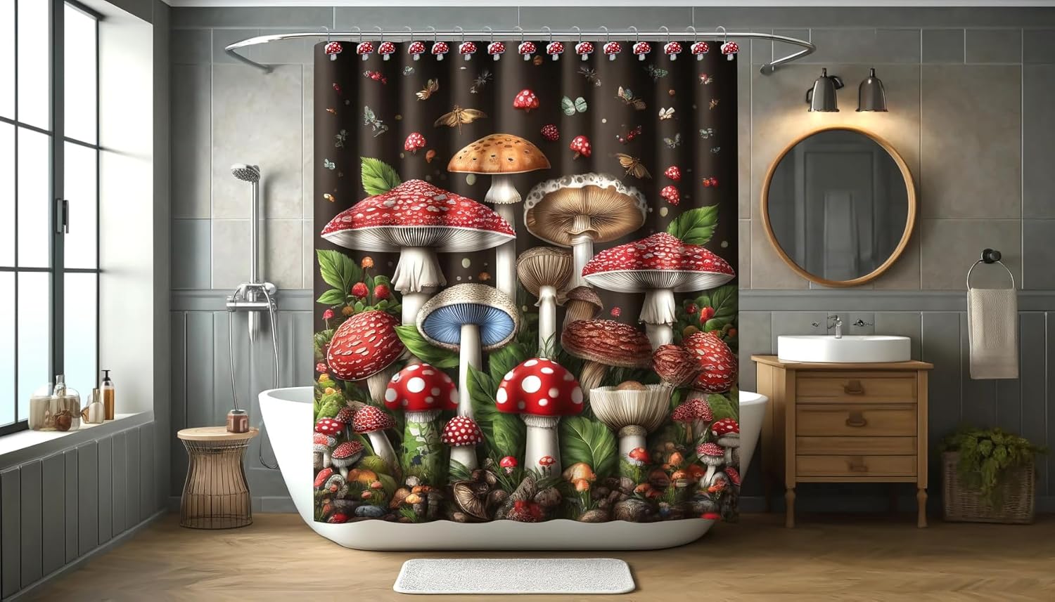 Mushroom Shower Curtain Hooks Whimsical Bathroom Decor - Set of 12