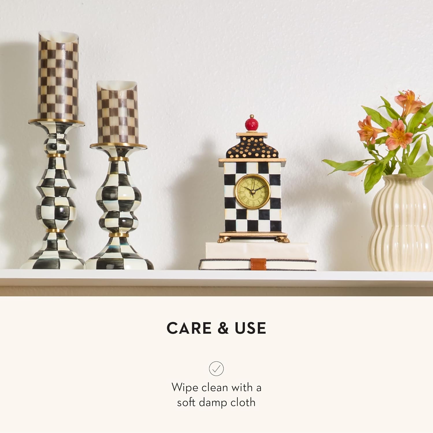 Candleholder - Cute Black White Courtly Check Enamel Pillar Candle Stand