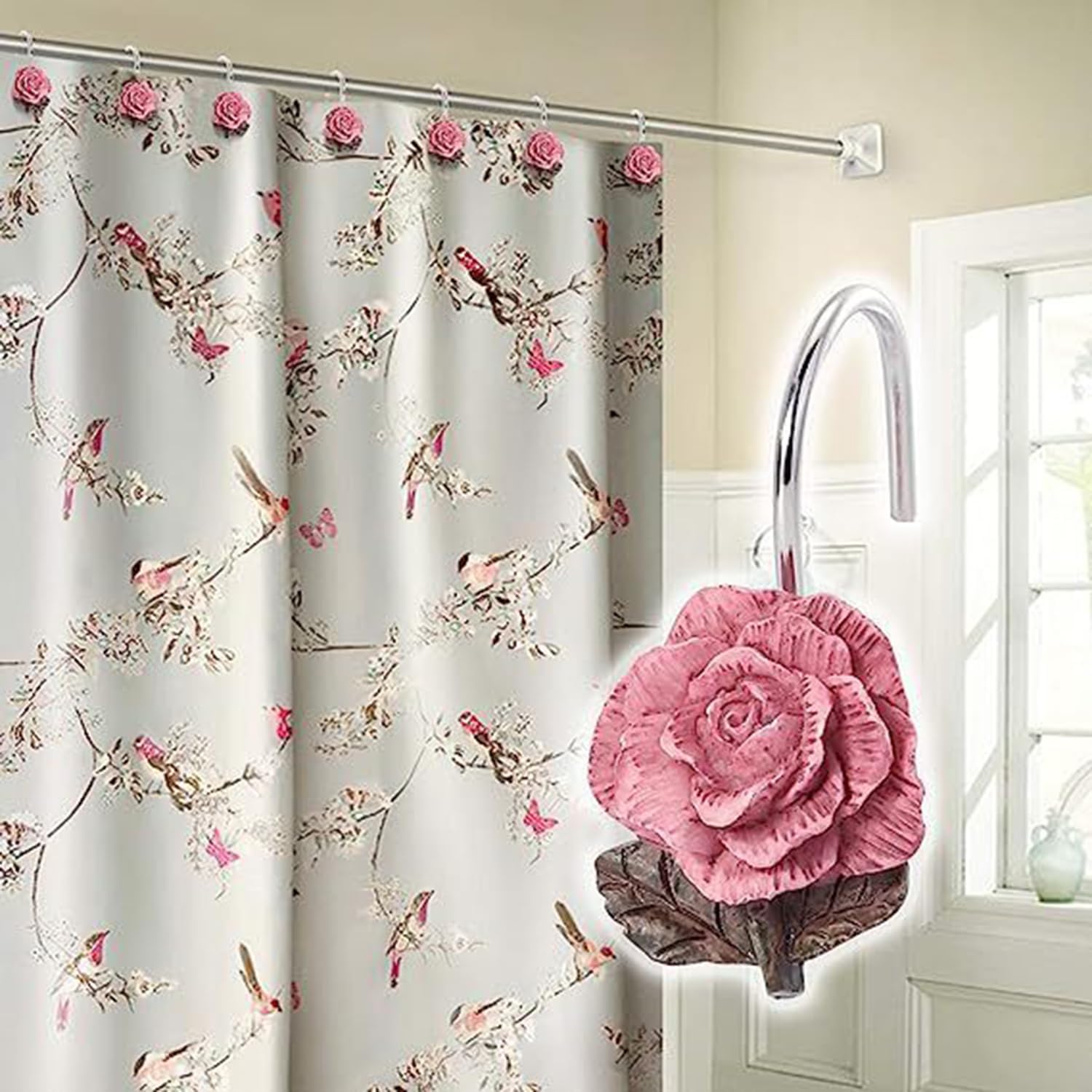 12PCS Pink Rose Decorative Shower Curtain Hooks