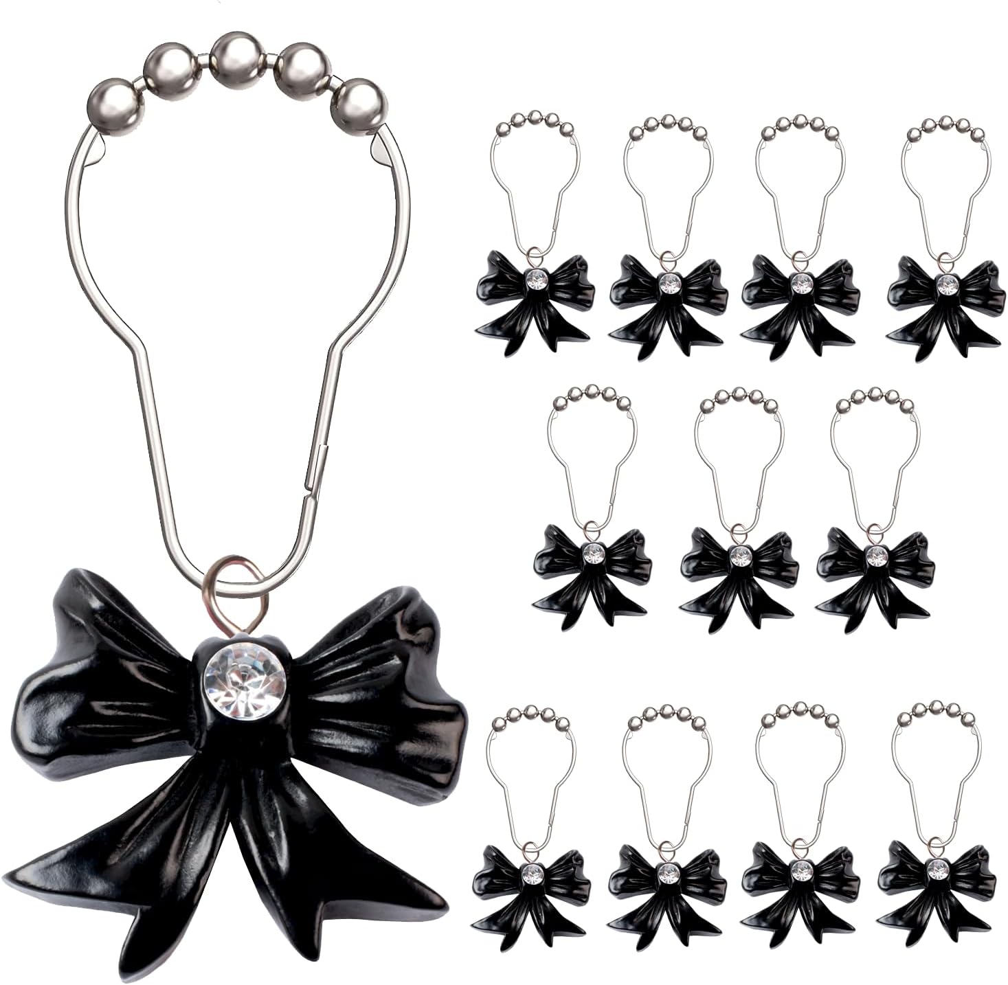 12-Piece Set of Black Bow Knot Shower Curtain Hooks for Bathrooms