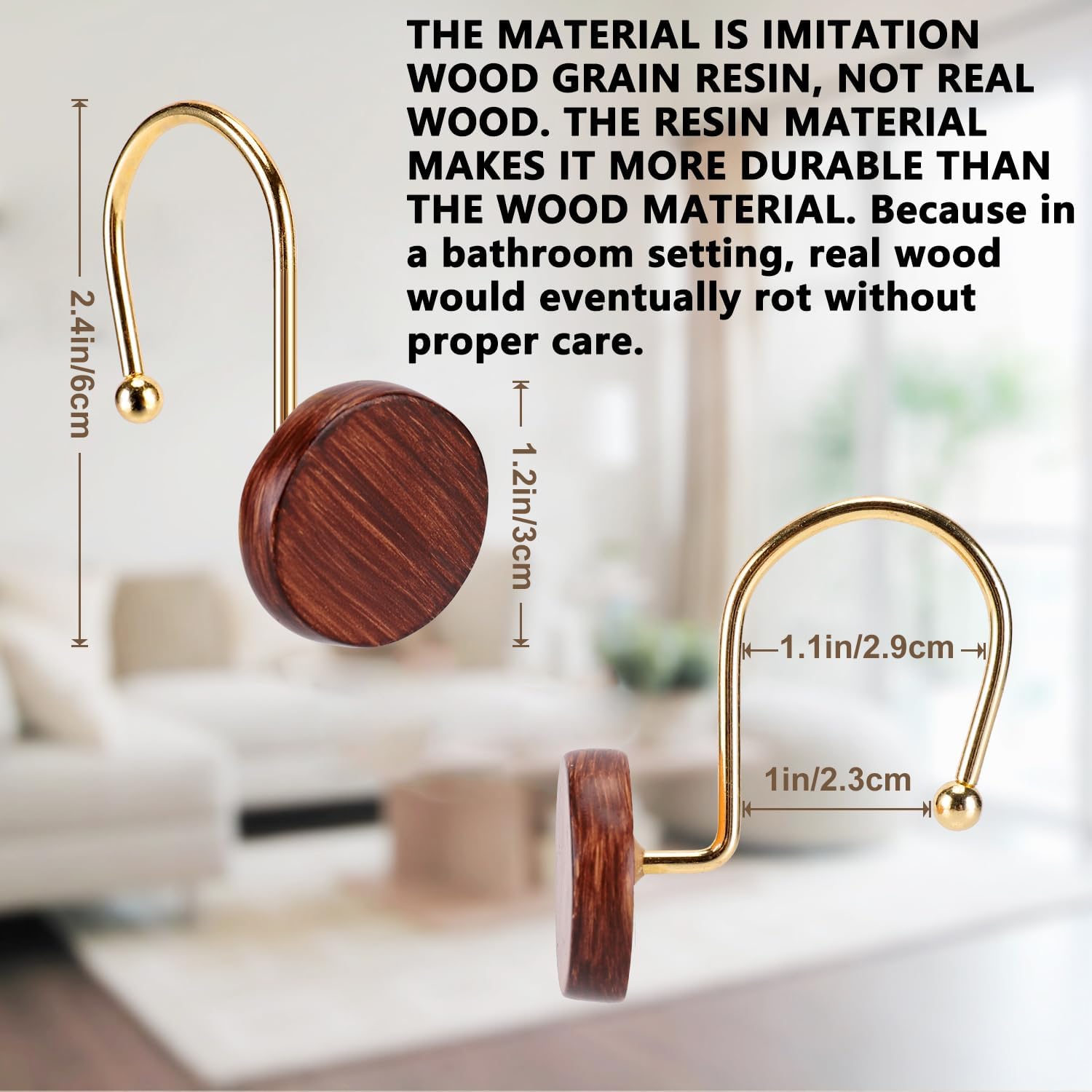 YanKitour Shower Curtain Hooks 12 Pack Black Walnut Gold