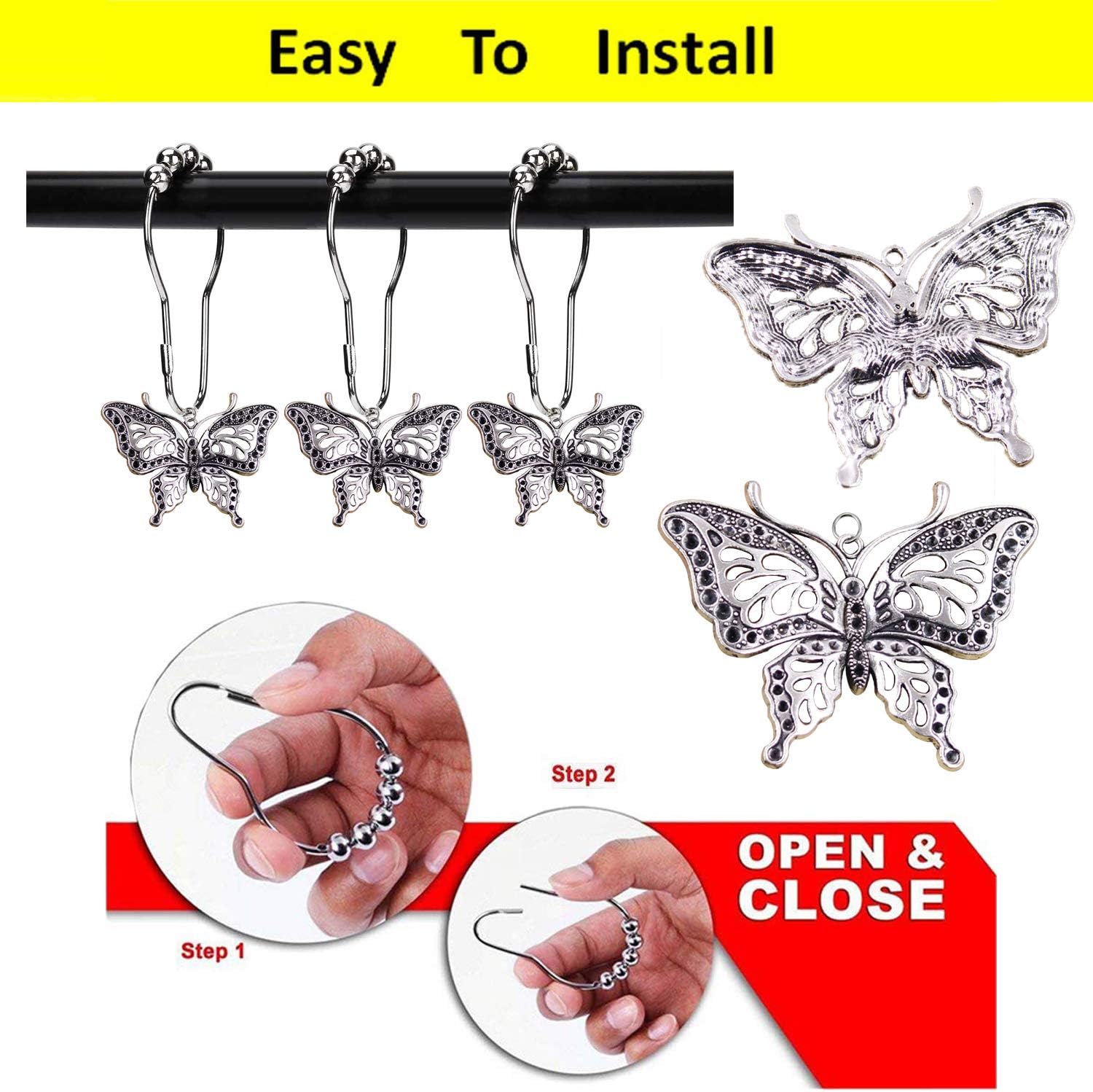 12-Piece Rustproof Butterfly Shower Curtain Hangers Garden Nature Themed