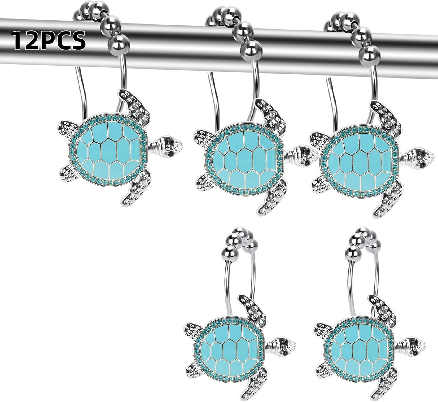 Bristling Blue Turtle Decorative Shower Curtain Hangers Set 12