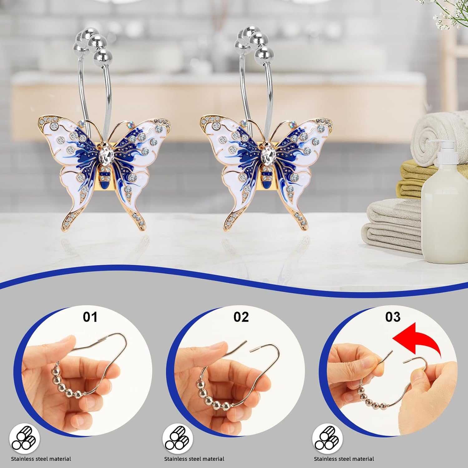 Elerslodia Blue Butterflies Decorative Shower Curtain Hook Set