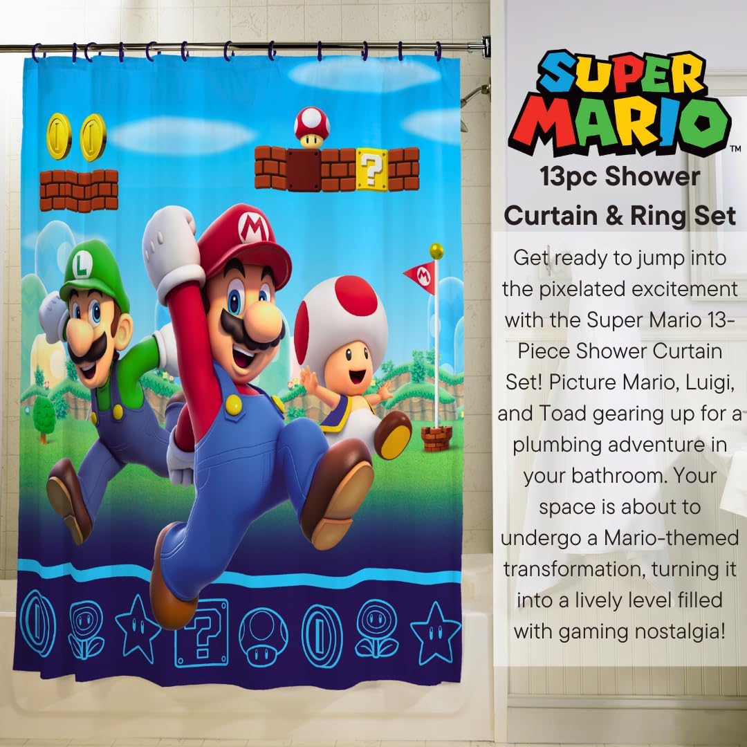 Franco Super Mario 13 Piece Shower Curtain and Ring Set
