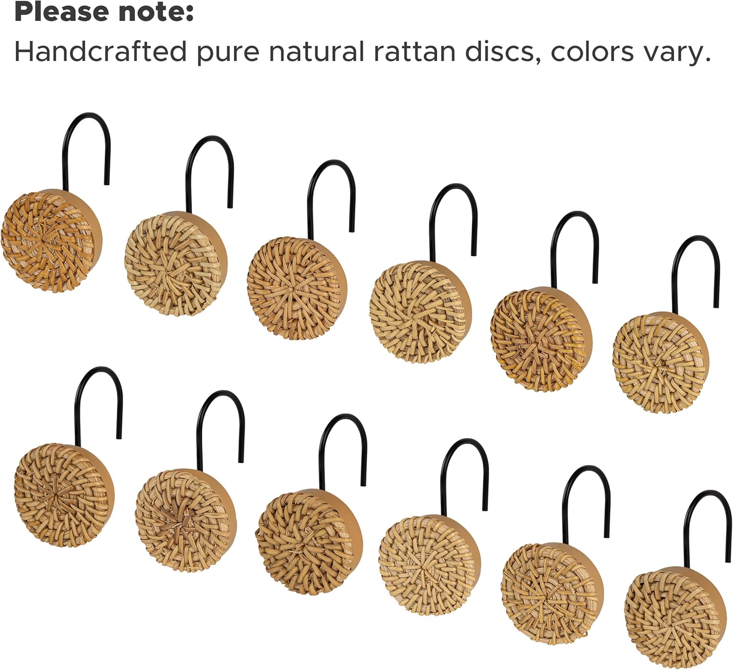 Sunlit Boho Chic Woven Wicker Rattan Shower Curtain Hooks 12-Piece Set