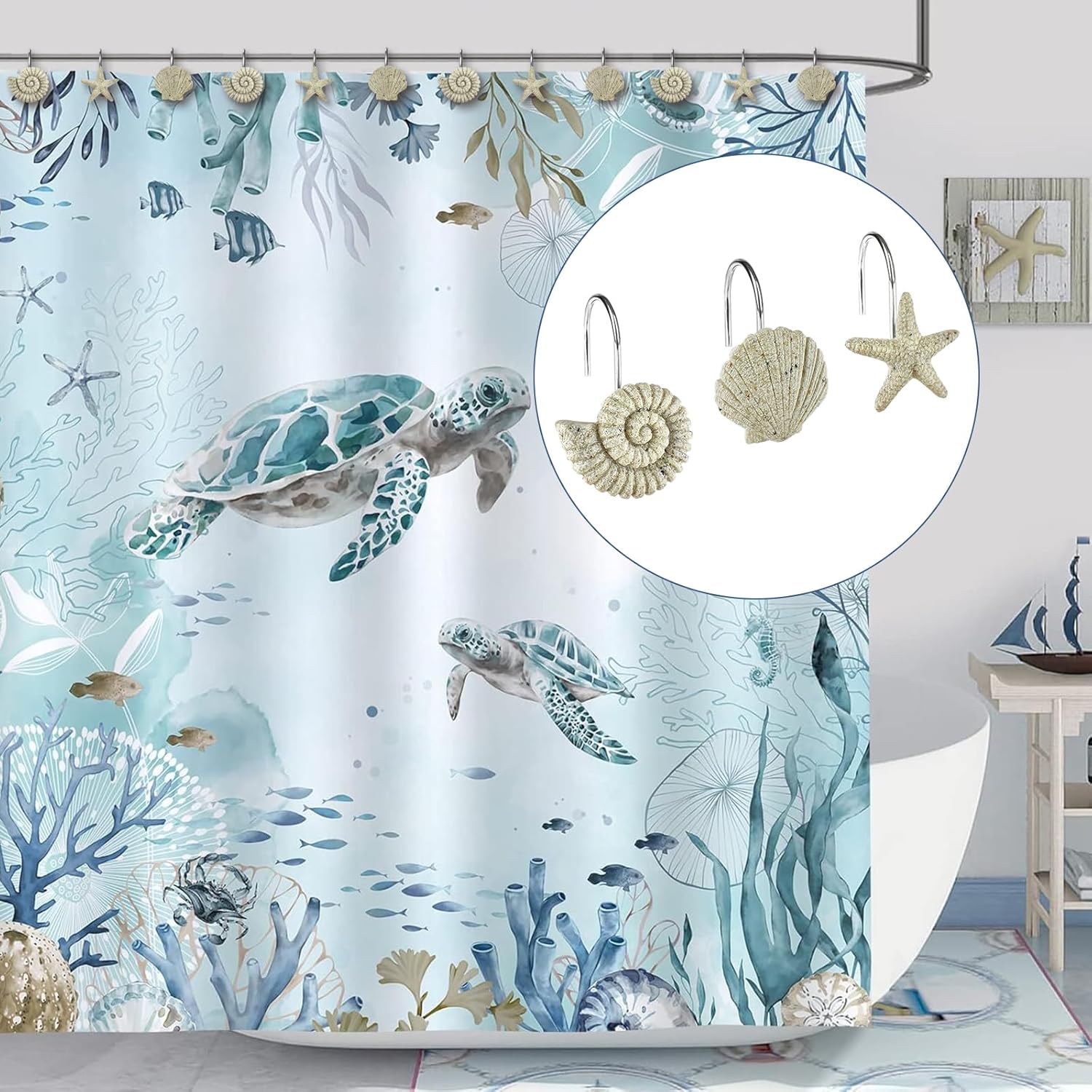 Sunlit Seashells Starfish Conch Decorative Shower Hooks 12 Pack