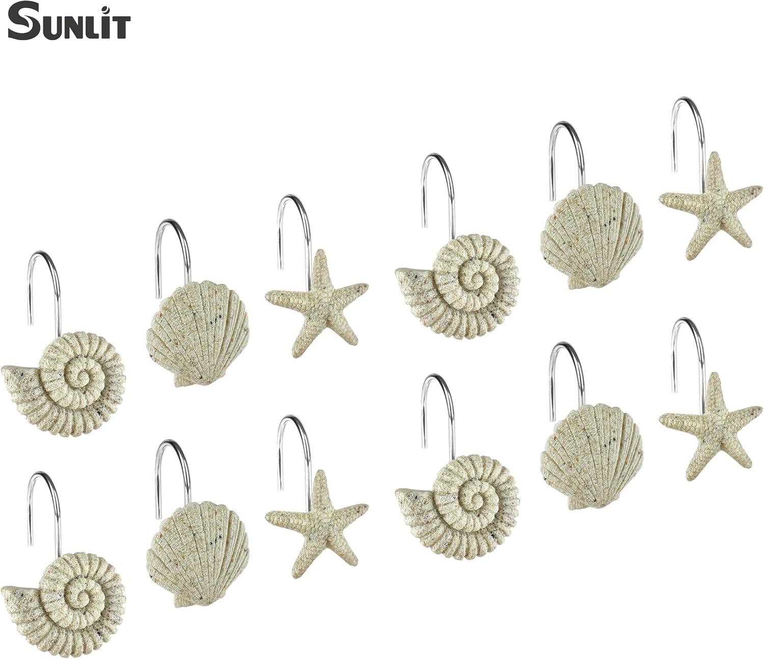 Sunlit Seashells Starfish Conch Decorative Shower Hooks 12 Pack