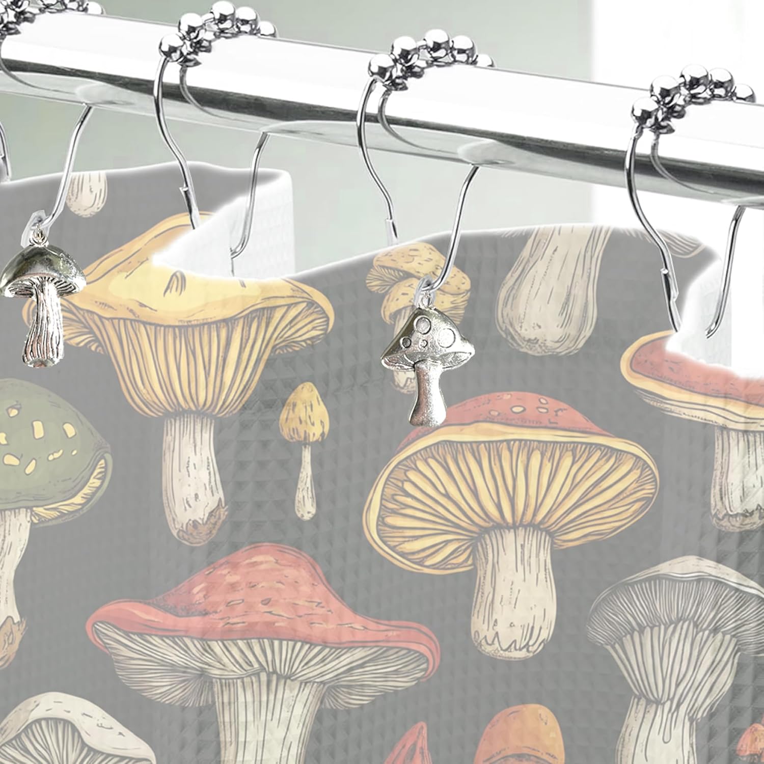 Mushroom Shower Curtain Hooks Boho Retro Cute Design