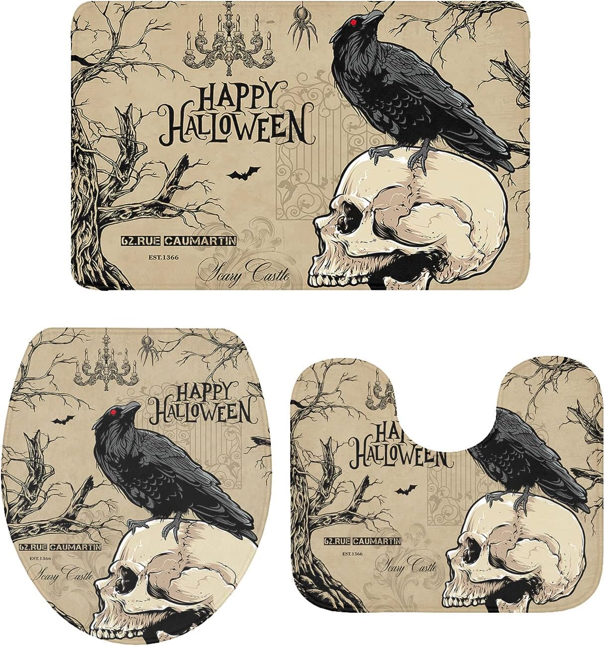 3 Piece Bathroom Rug Set Non Slip Halloween Design