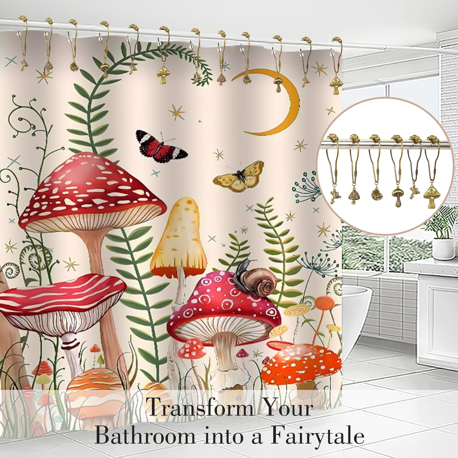 Cost-Effective Retro Shower Curtain Hanger with Frog and Mushroom Design