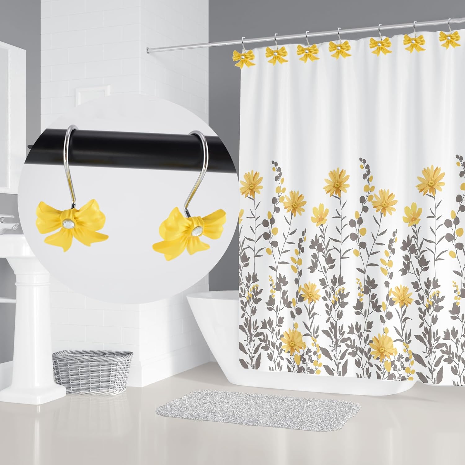 Yellow Decorative Shower Curtain Hooks 12PCS Set with Rhinestone Design