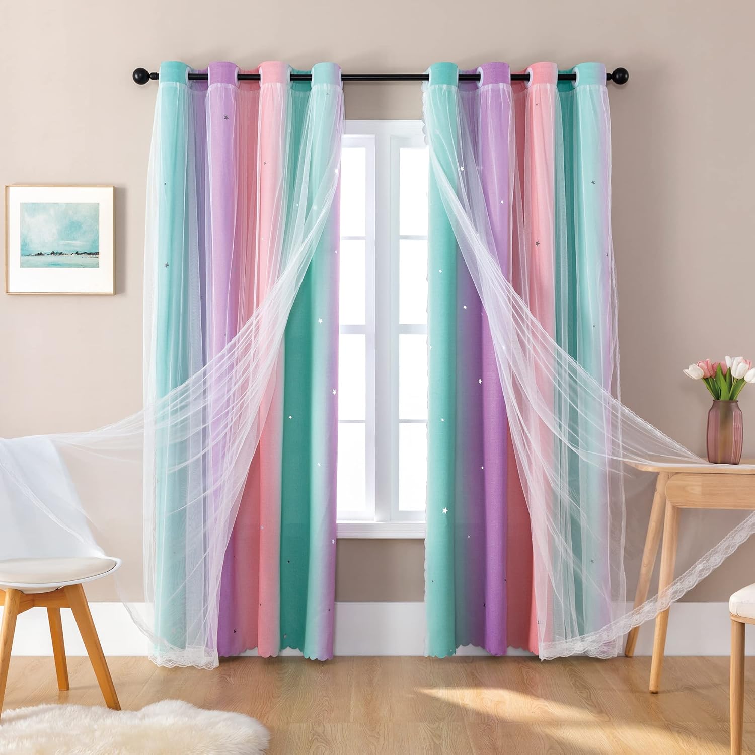Soft Pink Rainbow Blackout Curtains for Kids Rooms Premium Window Treatment