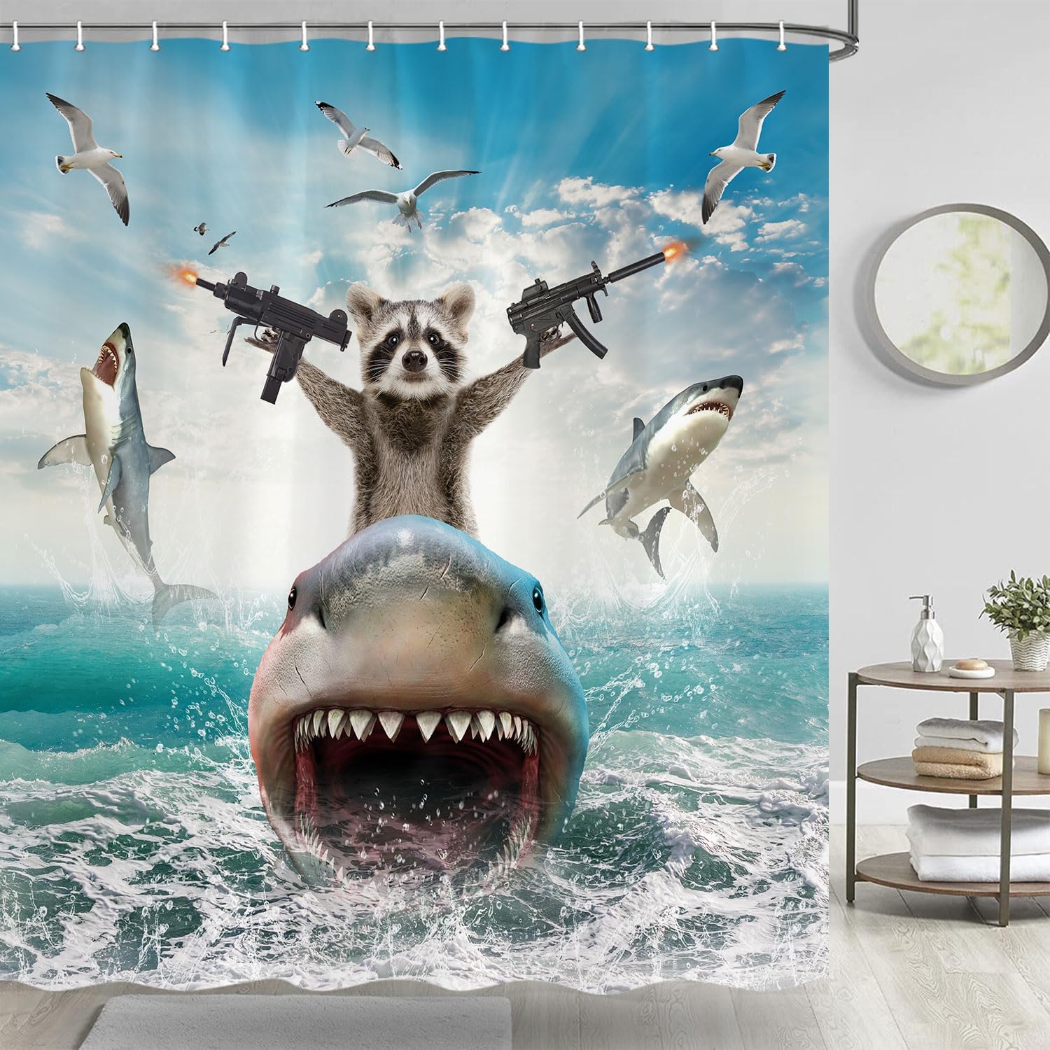 Funny Animal Shower Curtain Raccoon Shark Theme