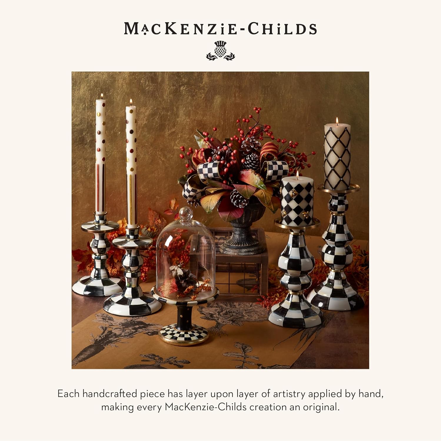 Candleholder - Cute Black White Courtly Check Enamel Pillar Candle Stand