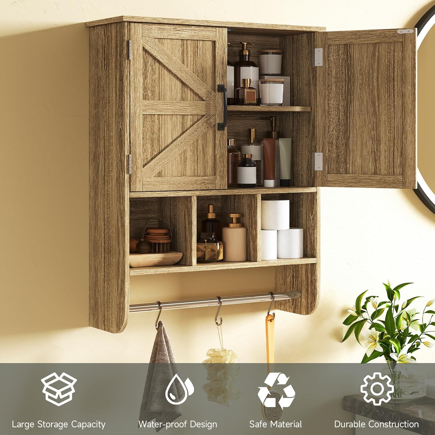 Rustic Bathroom Wall Cabinet with Towel Bar