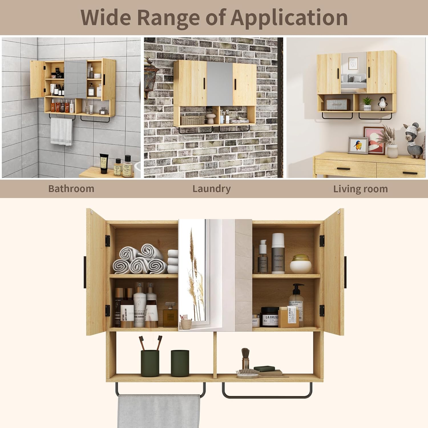 Sturdy Solid Wood Bathroom Cabinet with Towel Bar
