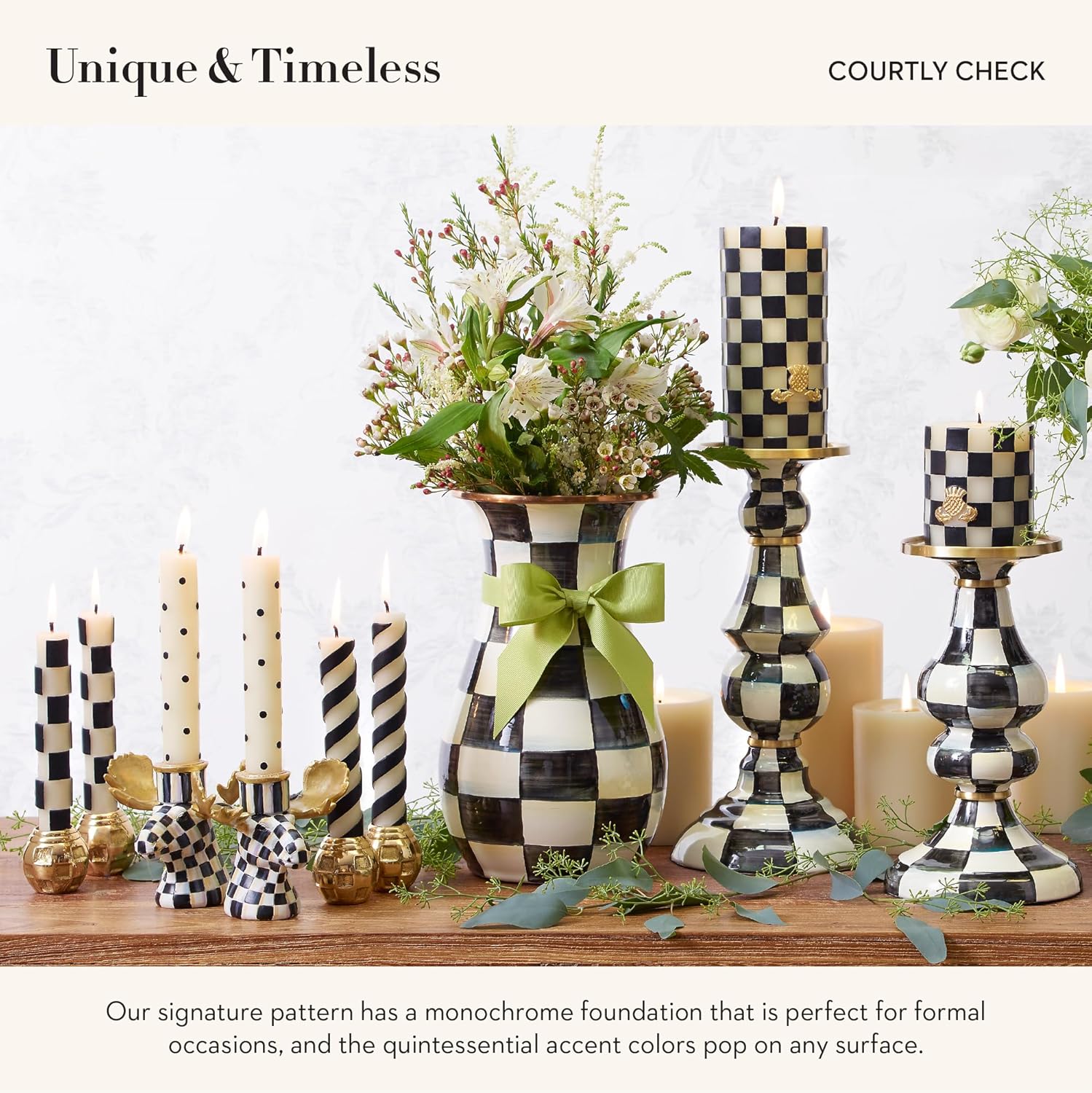Candleholder - Cute Black White Courtly Check Enamel Pillar Candle Stand