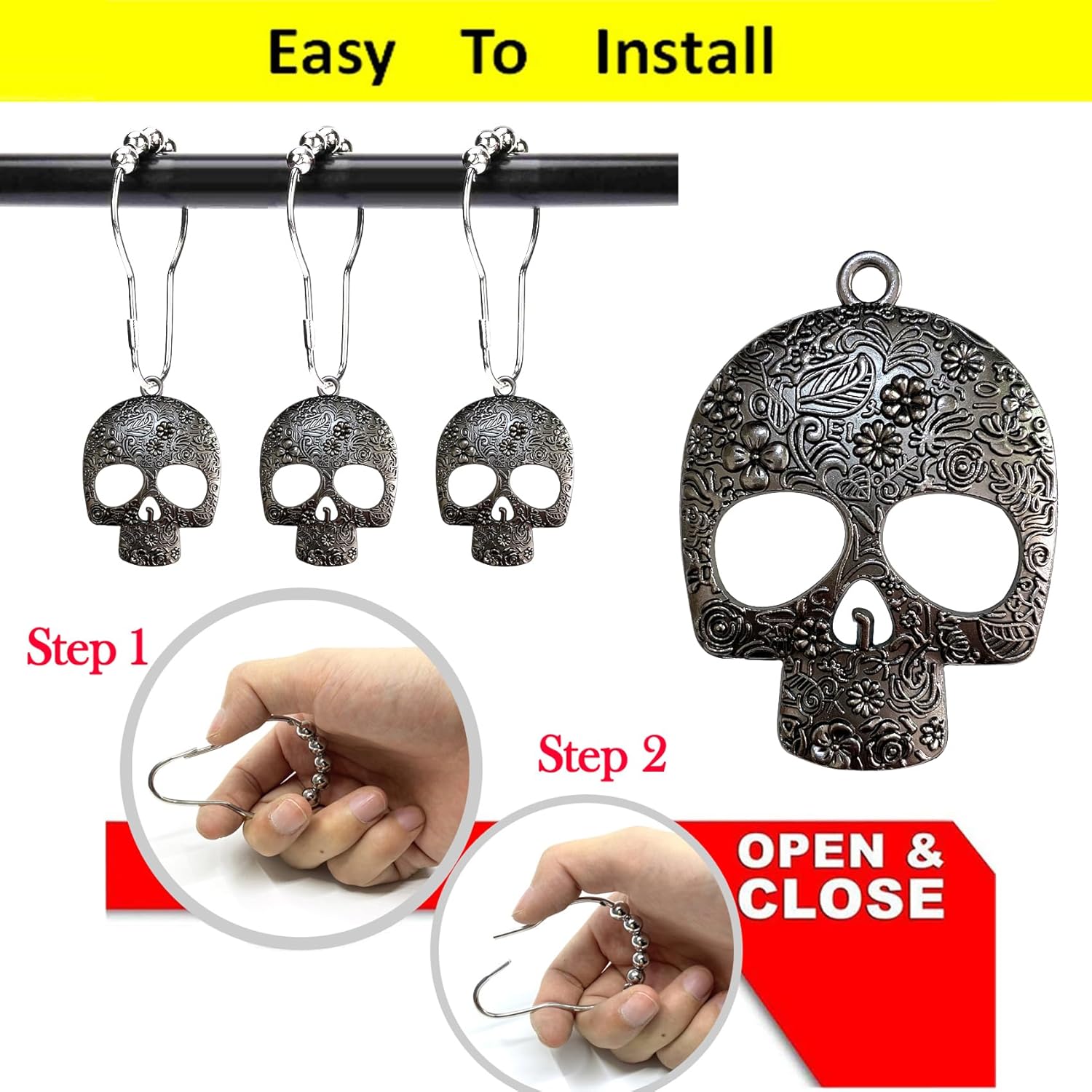 Set of 12 Sugar Skull Shower Curtain Hooks