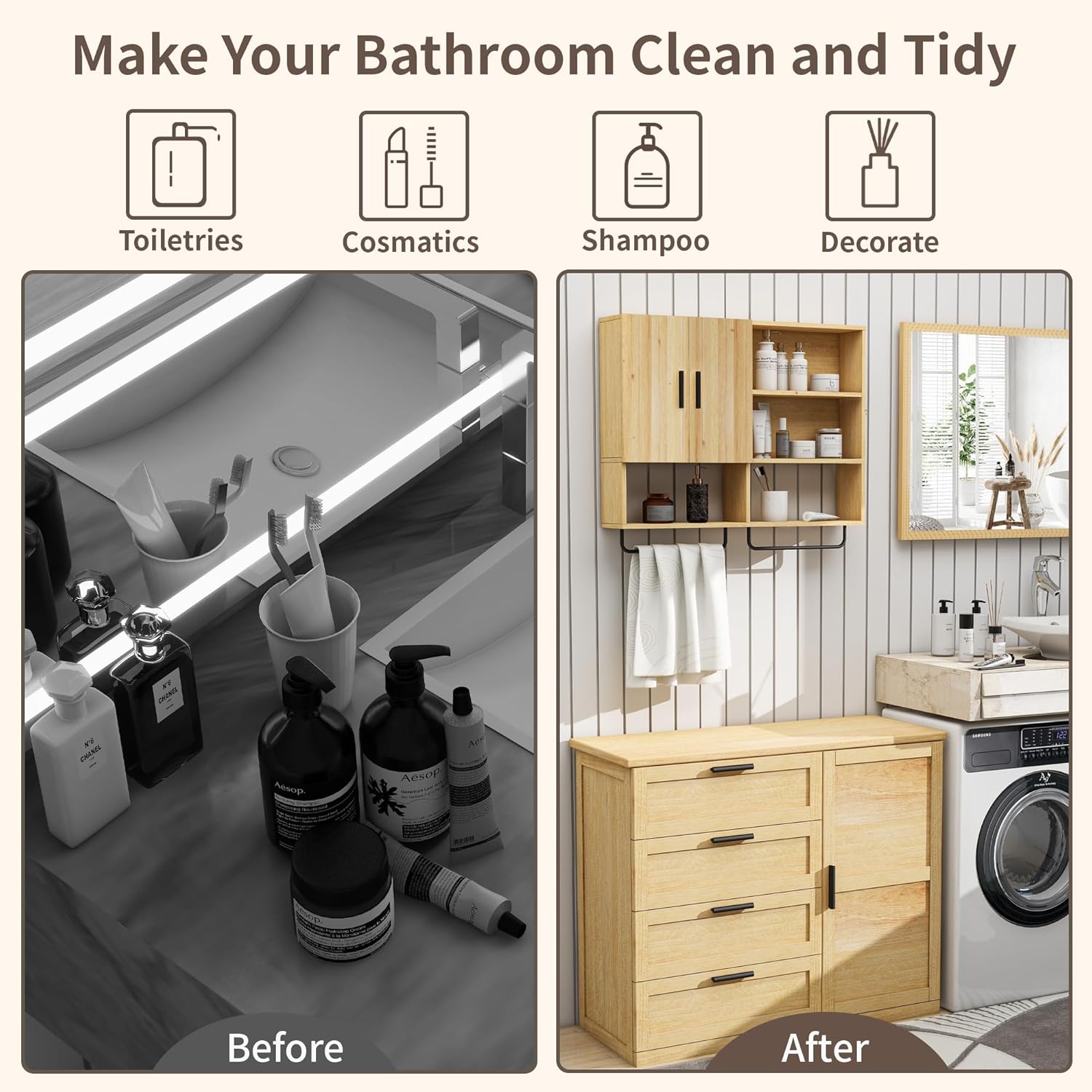 Sturdy Solid Wood Bathroom Cabinet with Towel Bar