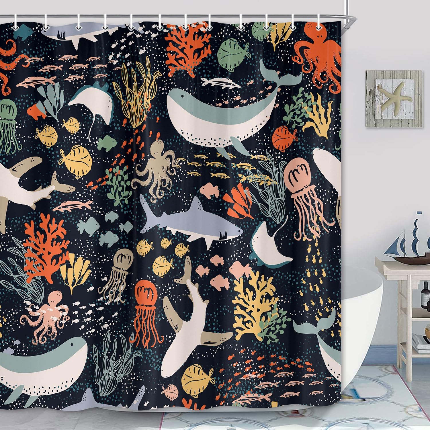 Ocean Fish Boho Shower Curtain for Kids