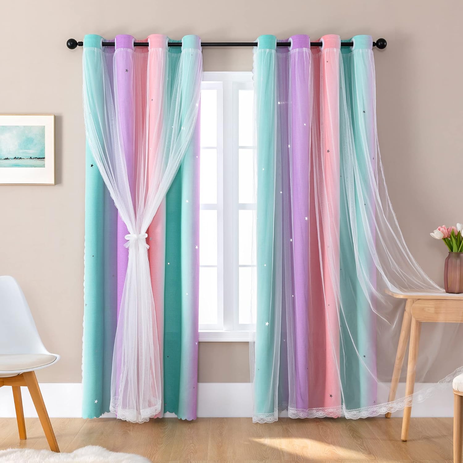 Soft Pink Rainbow Blackout Curtains for Kids Rooms Premium Window Treatment