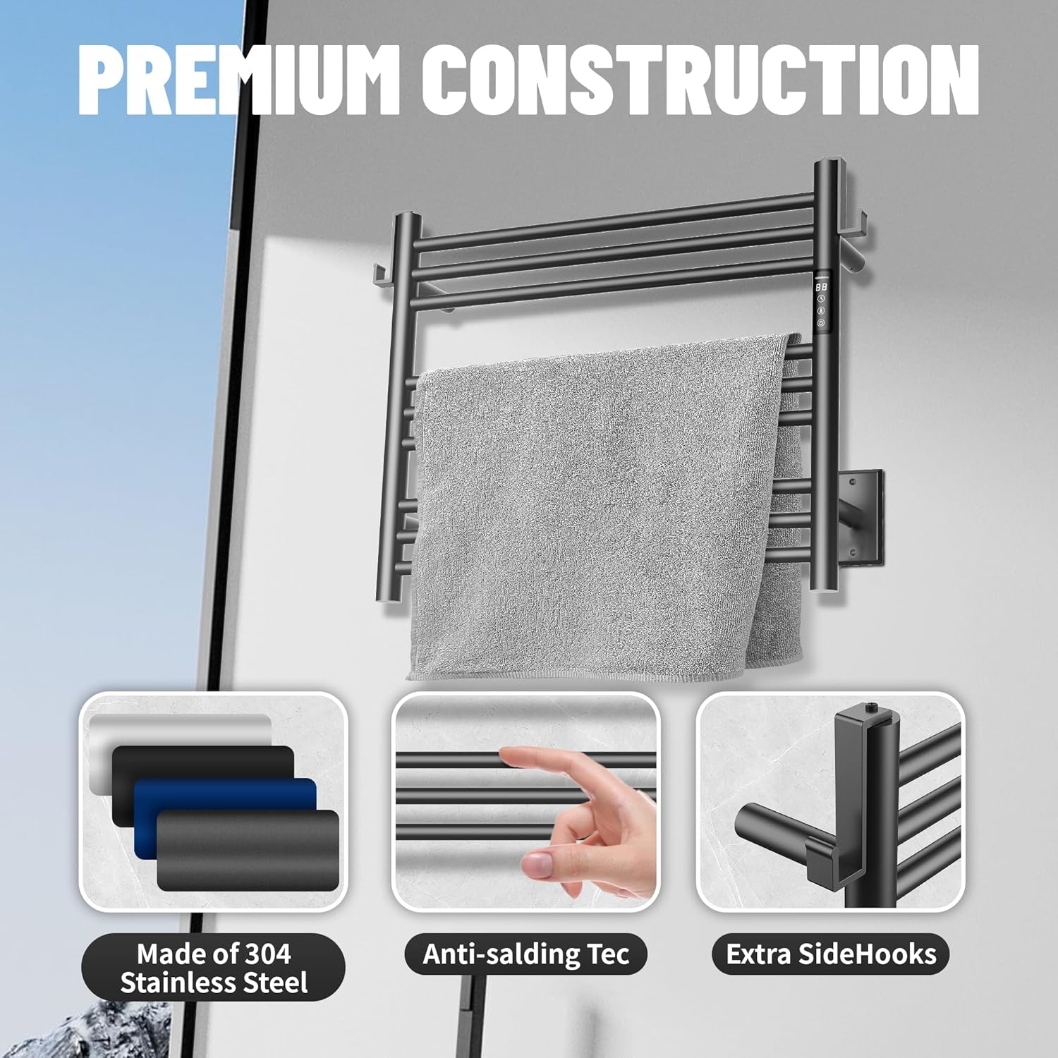 KKALONZO 9-Bar Heated Towel Rack with Timer and Waterproof Design
