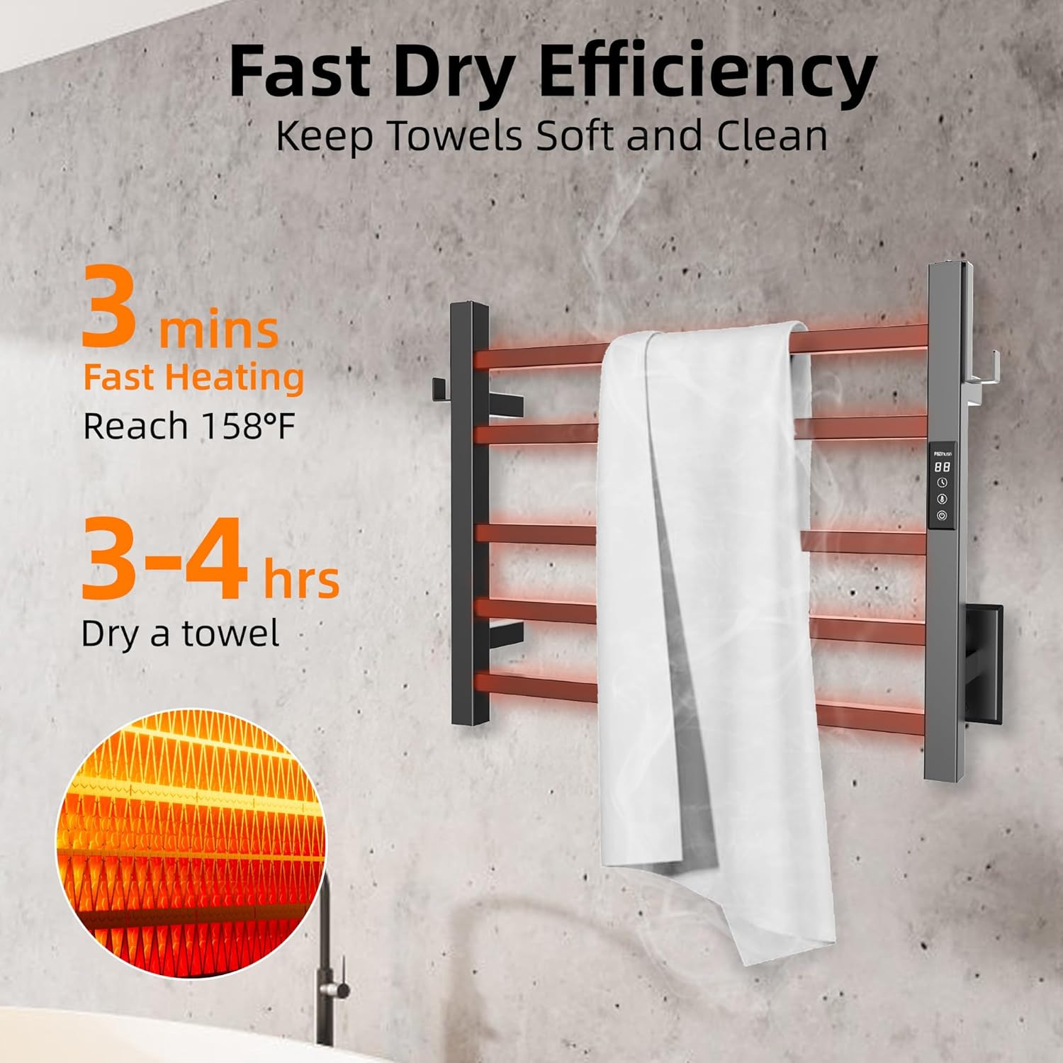PBhusri Heated Towel Rack 5 Bar Matte Black