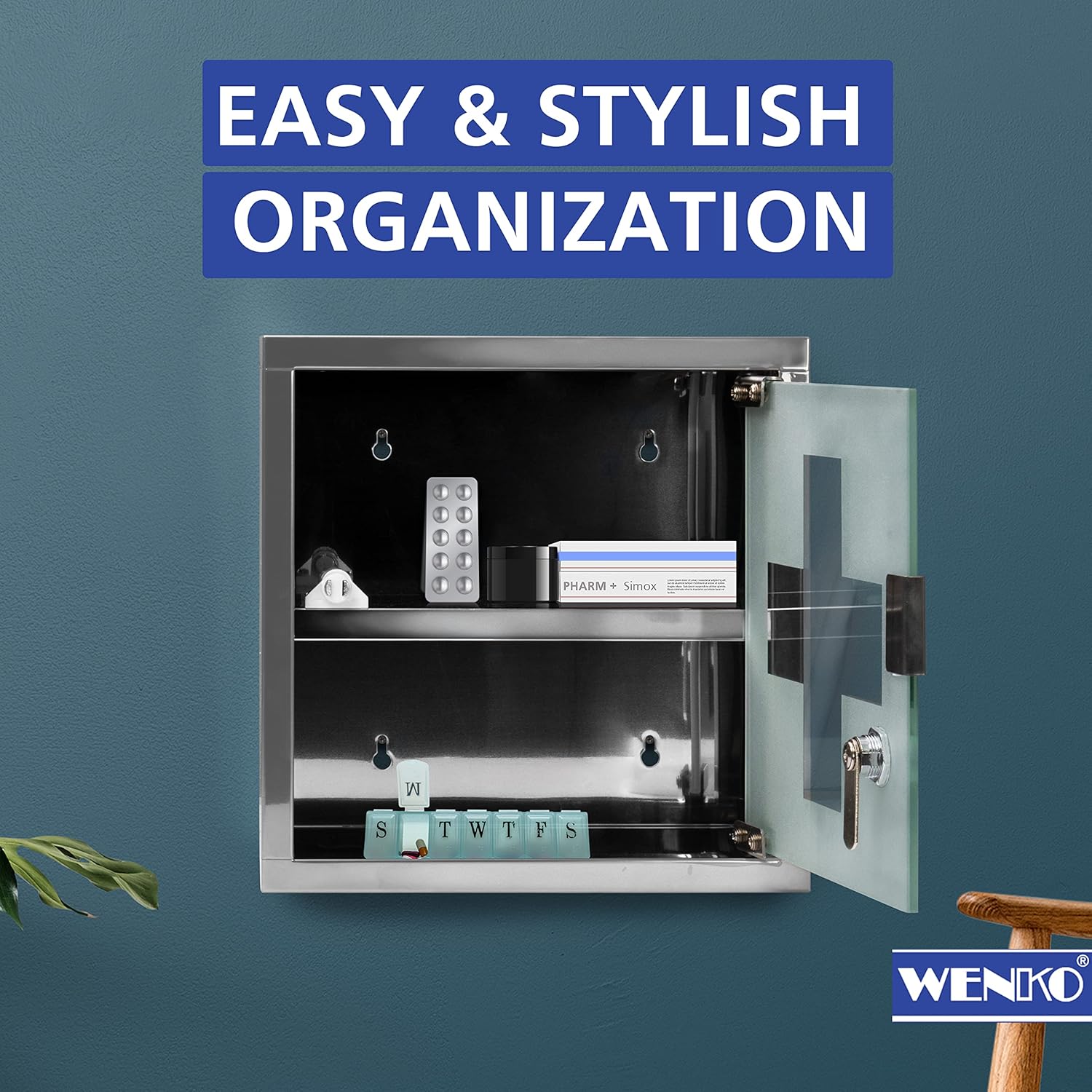 WENKO Medicine Cabinet with Lock and Safety Glass Door