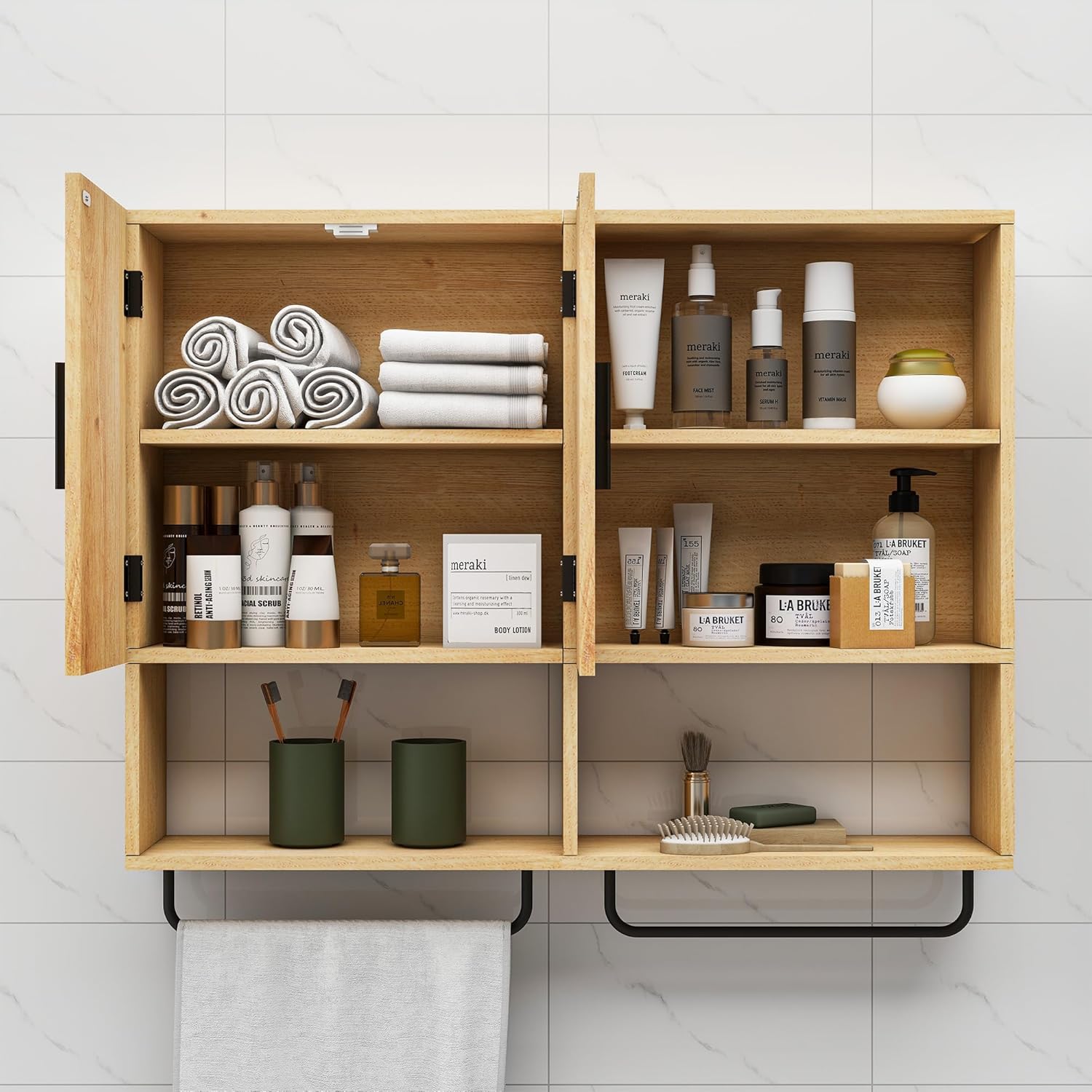 Sturdy Solid Wood Bathroom Cabinet with Towel Bar
