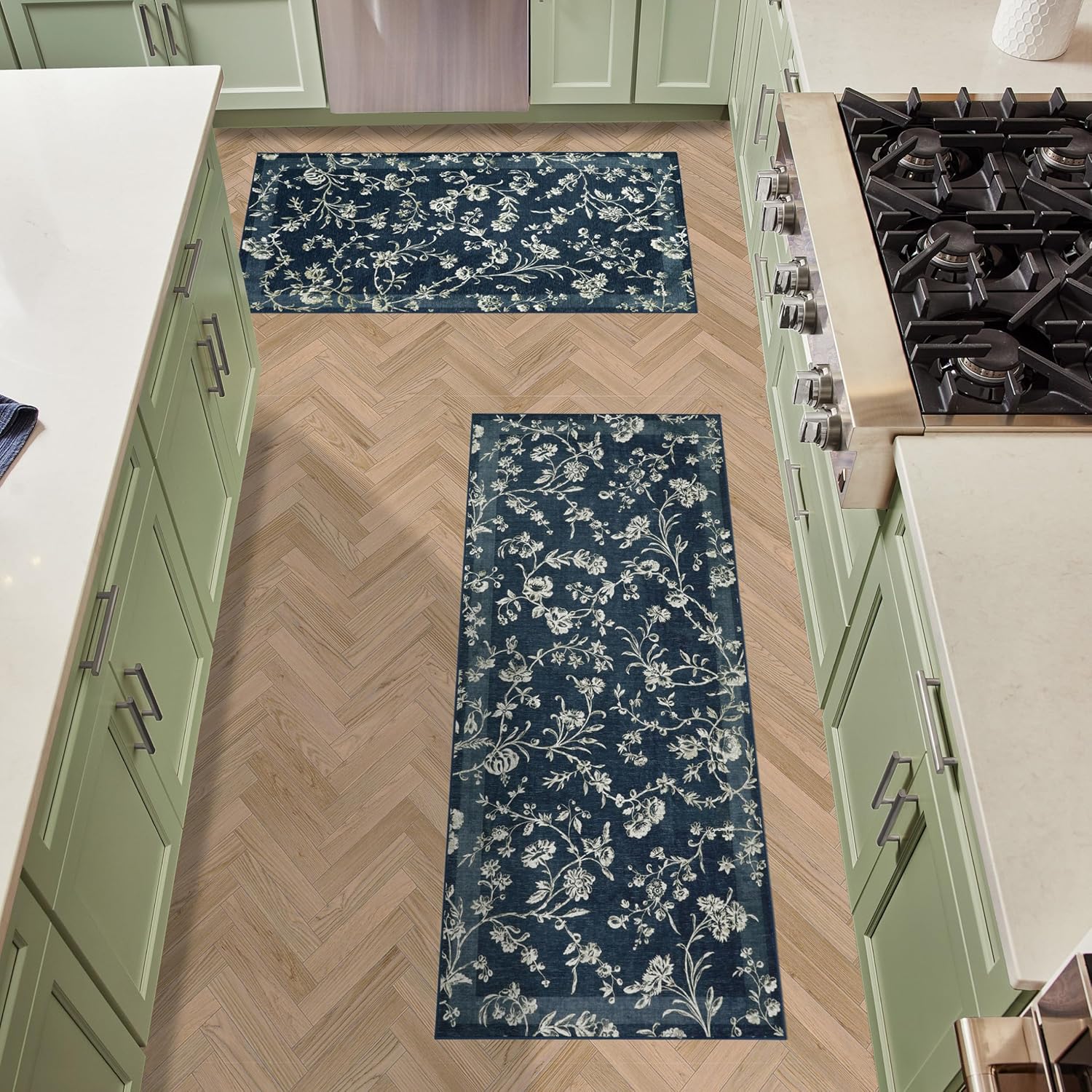 Laura Ashley Dark Navy Aria Floral Border 2-Piece Rug Set