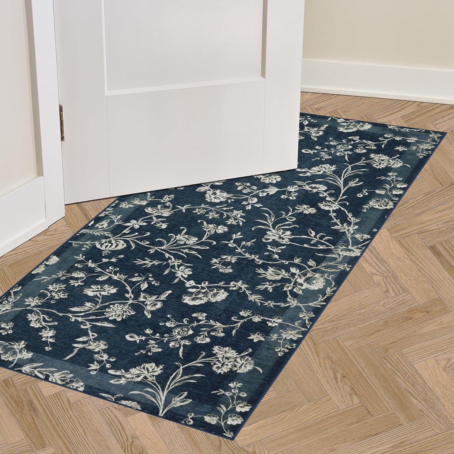 Laura Ashley Dark Navy Aria Floral Border 2-Piece Rug Set