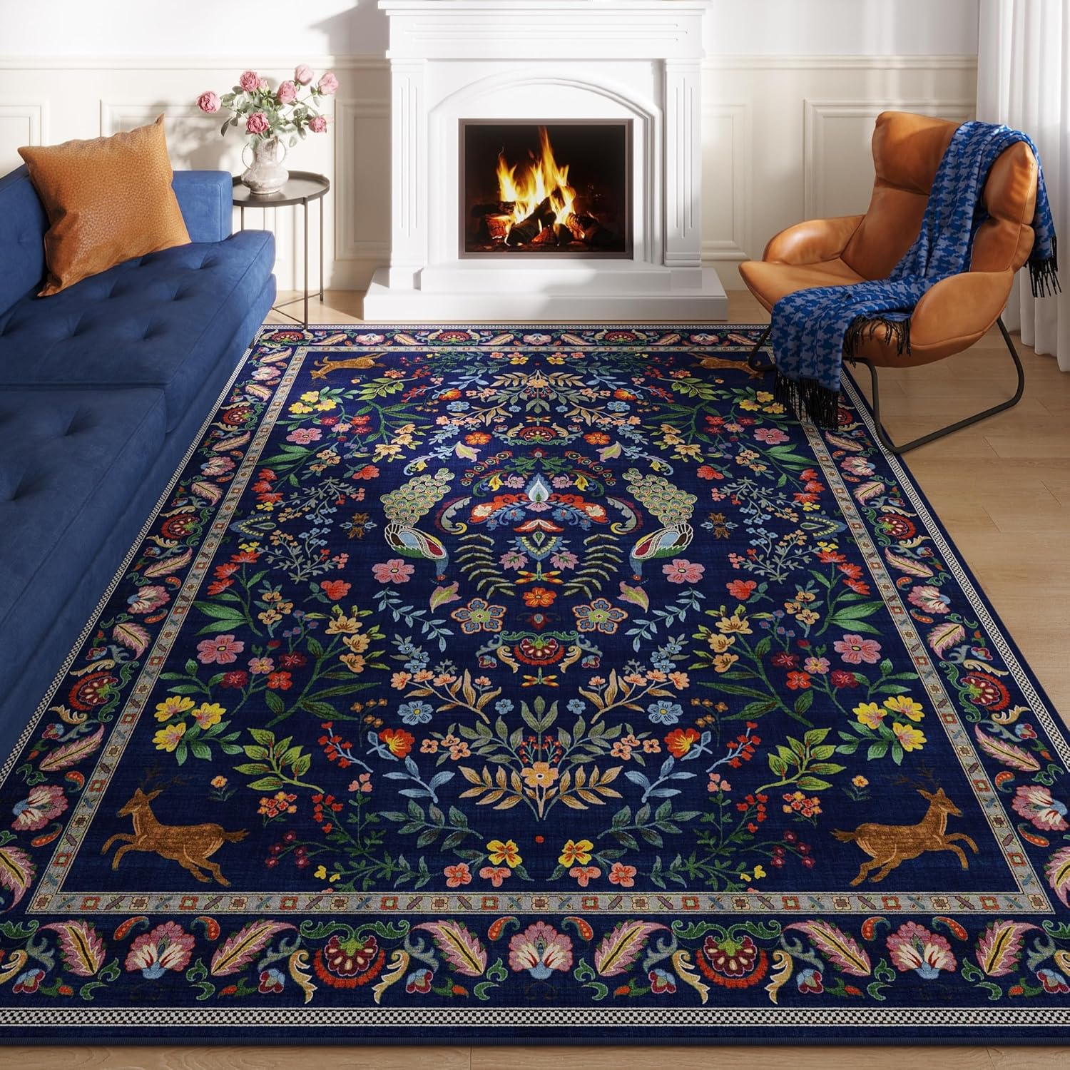 Vibrant Floral 6ft Round Non-Slip Washable Rug in Blue