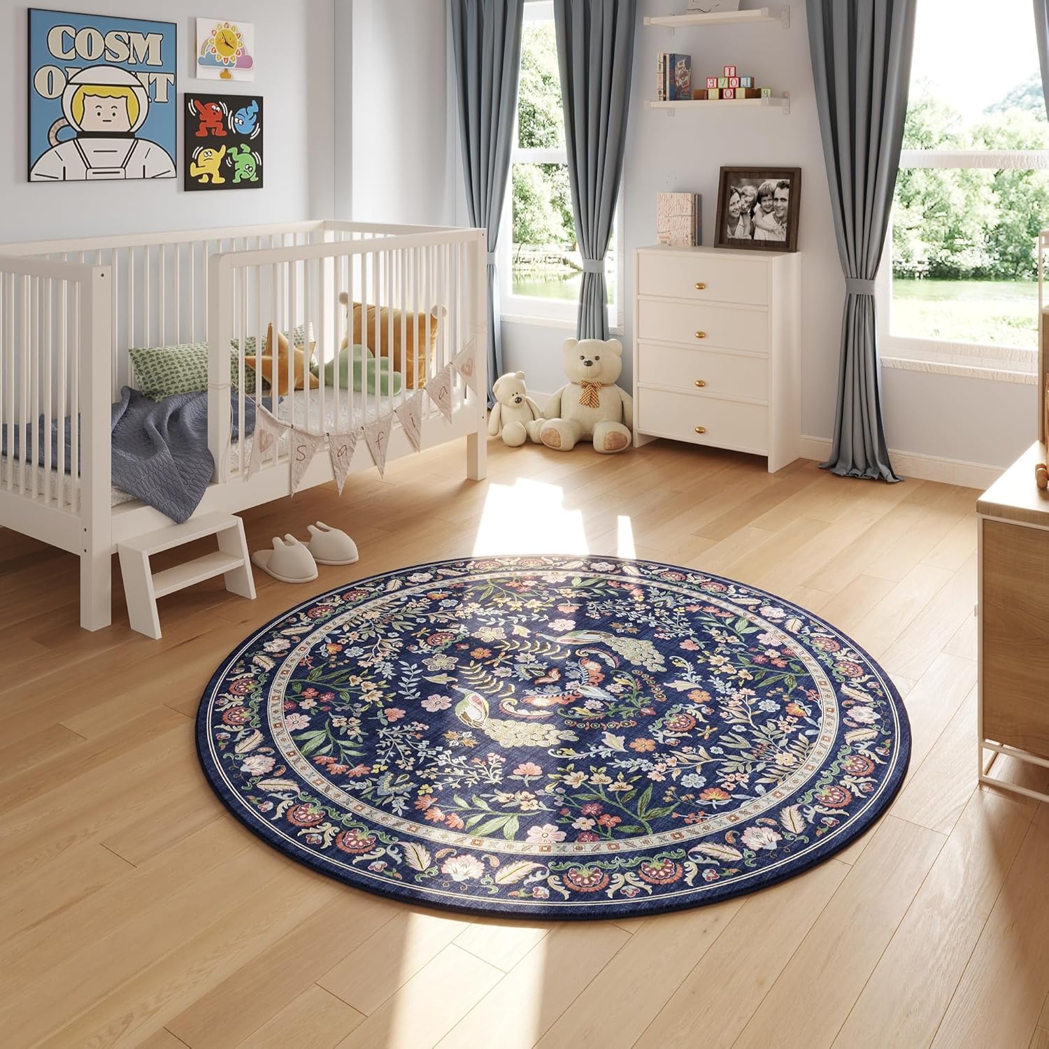 Vibrant Floral 6ft Round Non-Slip Washable Rug in Blue