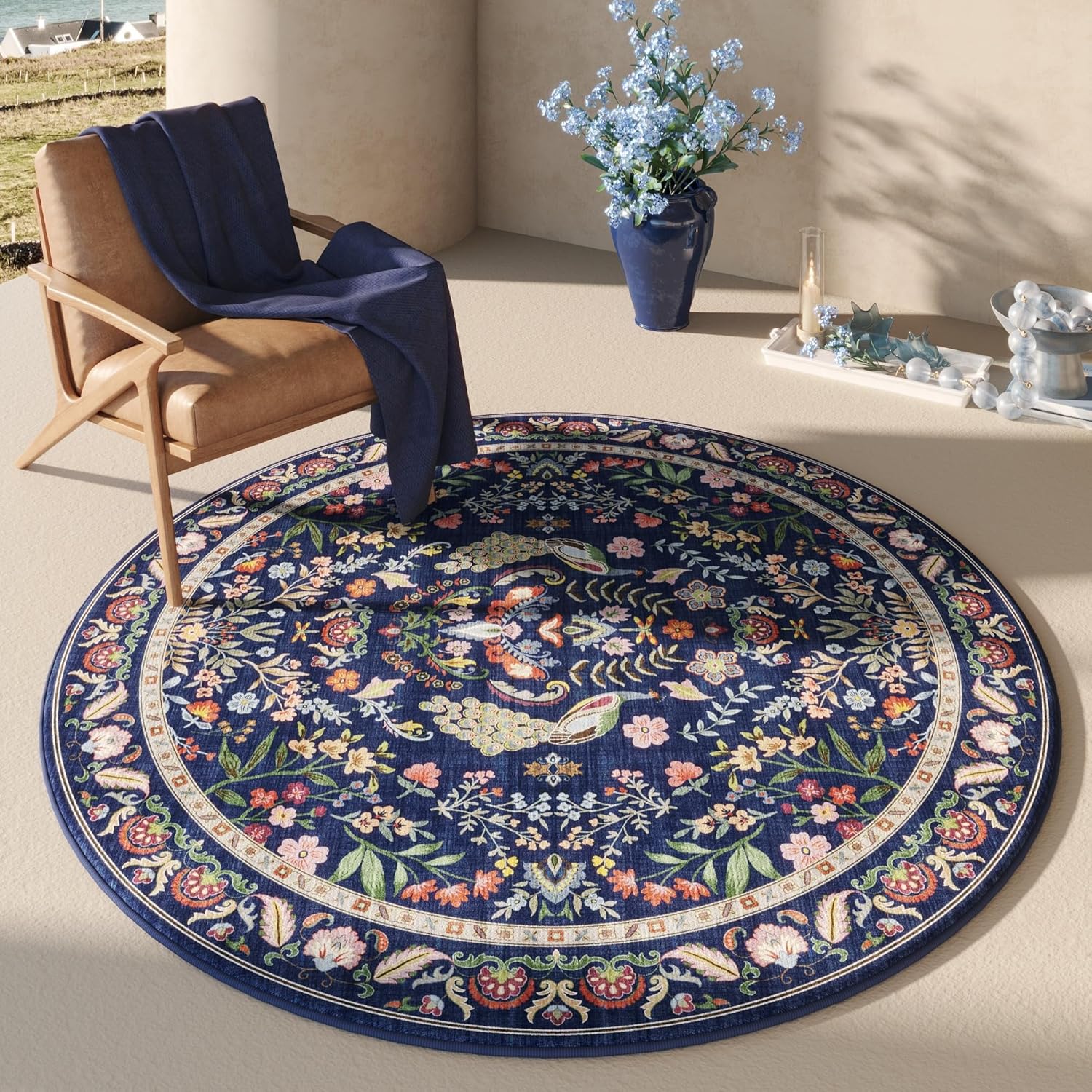 Vibrant Floral 6ft Round Non-Slip Washable Rug in Blue