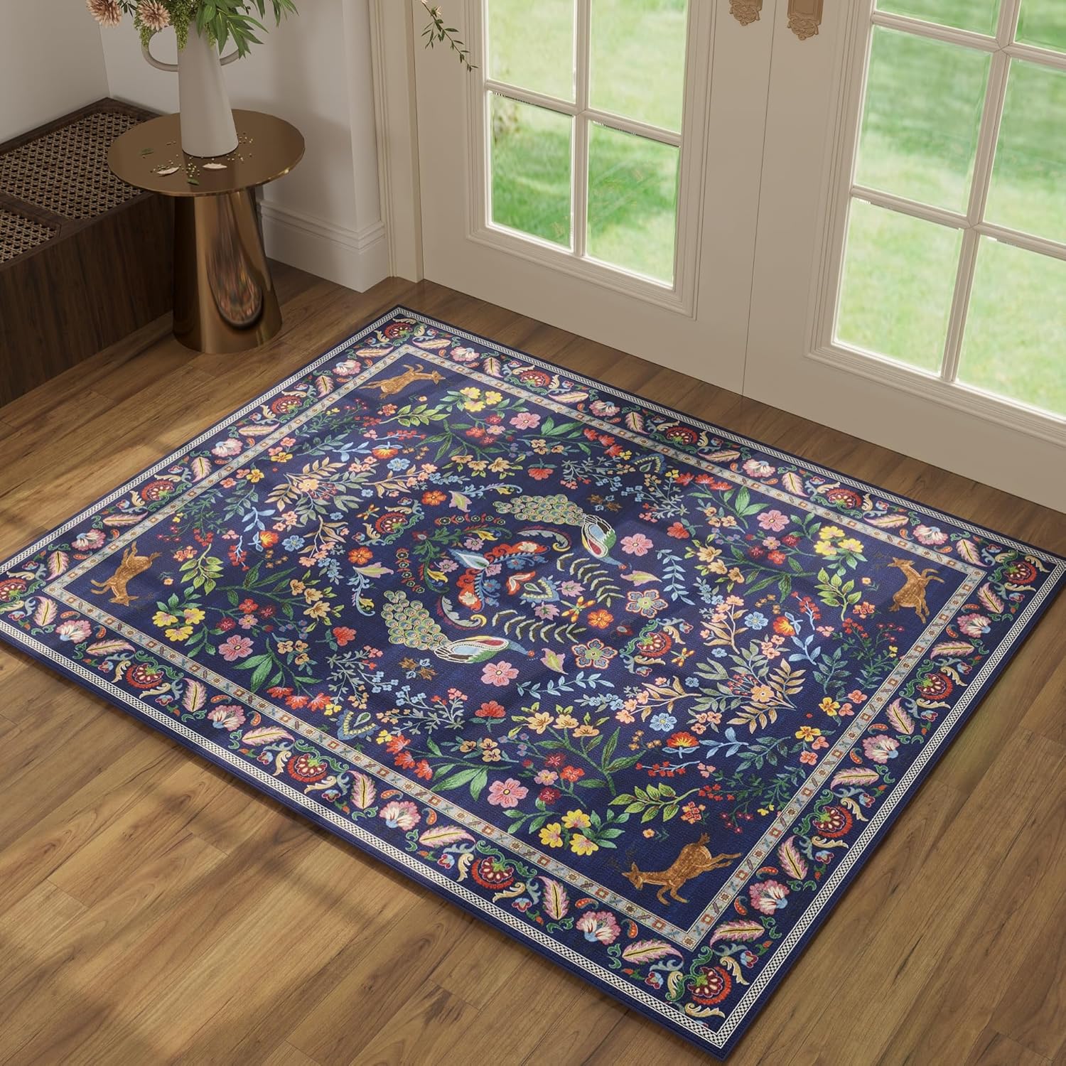 Vibrant Floral 6ft Round Non-Slip Washable Rug in Blue