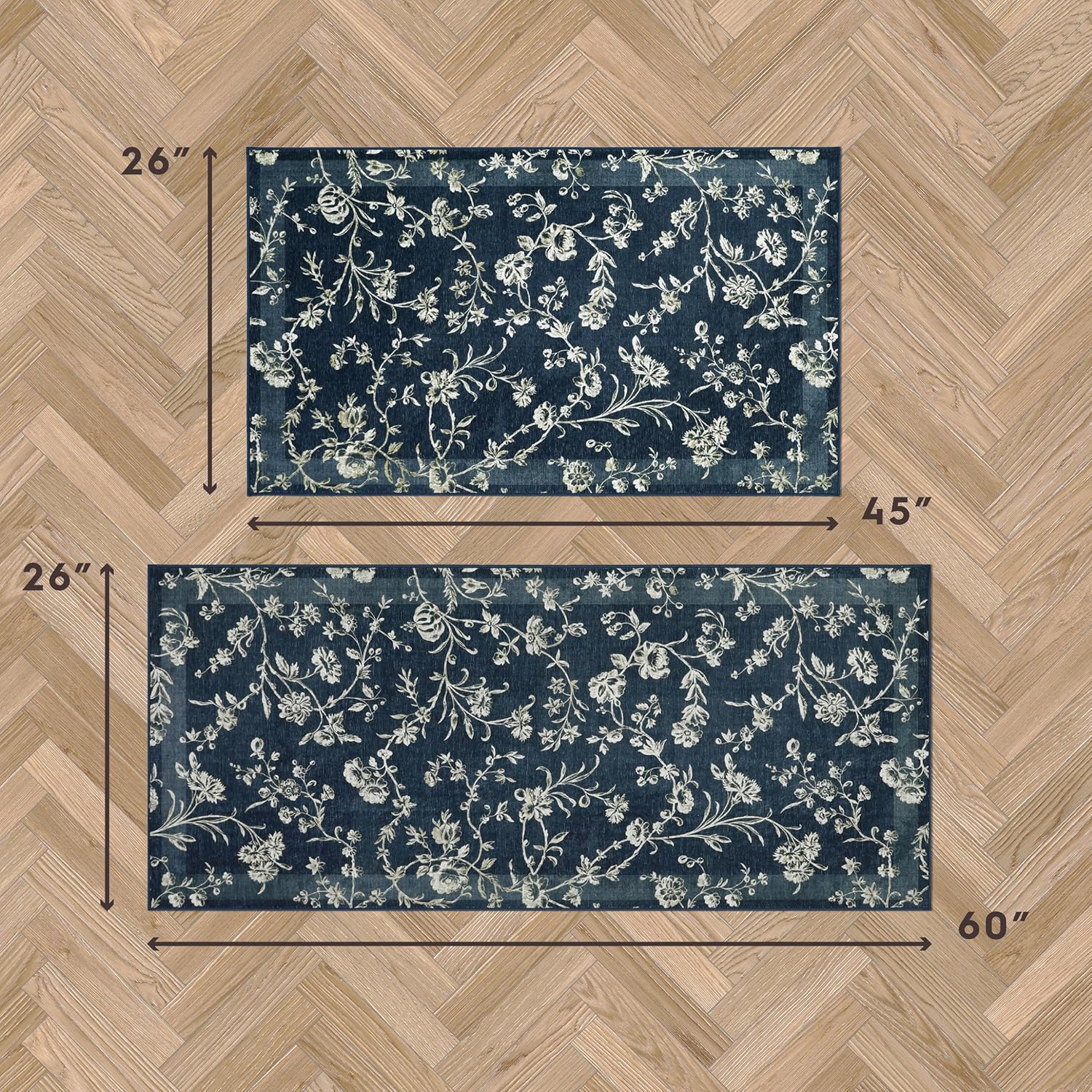Laura Ashley Dark Navy Aria Floral Border 2-Piece Rug Set
